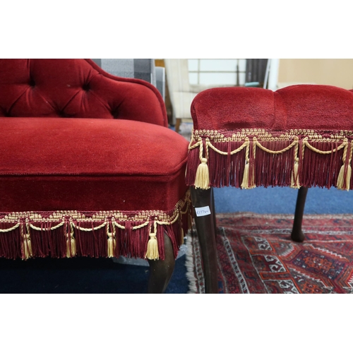 42 - A 20th century red velour button back upholstered chaise longue, 79cm high x 147cm long x 55cm deep ... 