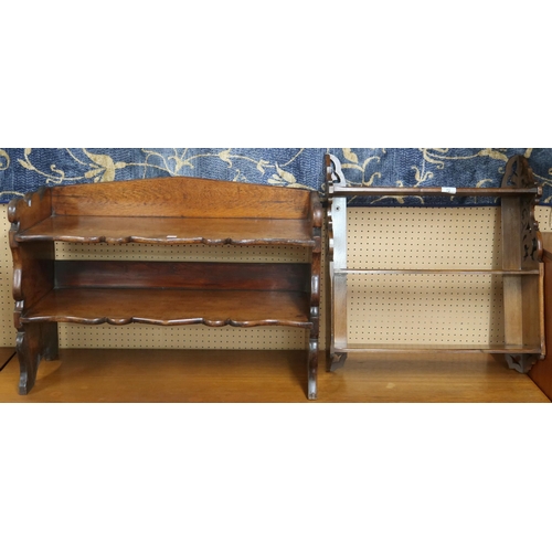 72 - A lot comprising a 19th century two tier fret cut open shelf, 52cm high x 79cm wide x 30cm deep and ... 