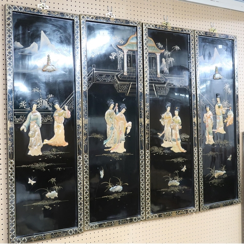 8 - A set of four 20th century Oriental black lacquer wall panels decorated with ladies on a court scene... 