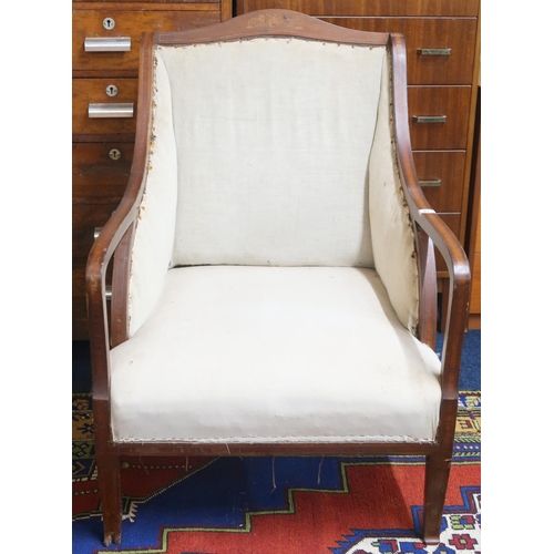 81 - A late 19th/early 20th century mahogany and fruitwood inlaid framed part upholstered armchair with d... 