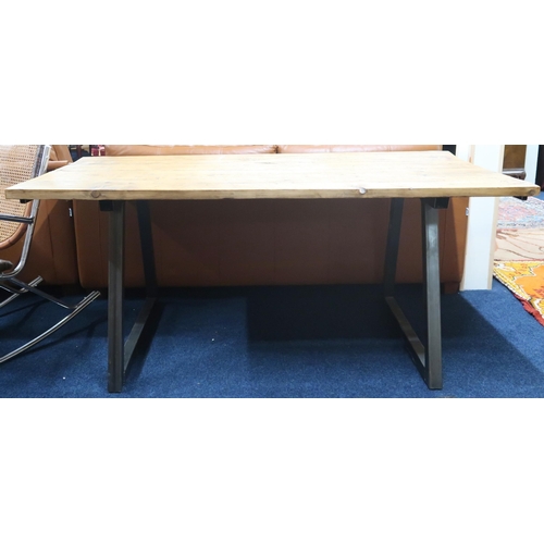 86 - A 20th century industrial style table with four plank top on metallic base, 76cm high x 180cm long x... 