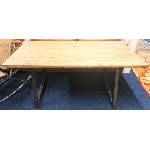 86 - A 20th century industrial style table with four plank top on metallic base, 76cm high x 180cm long x... 