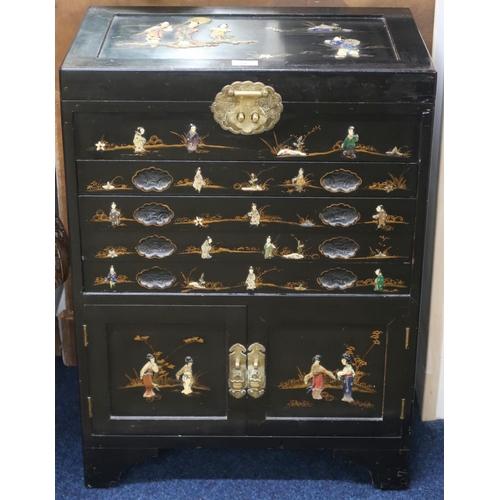 91 - A 20th century Chinese black lacquer canteen of cutlery with hinged top over four drawers and pair o... 