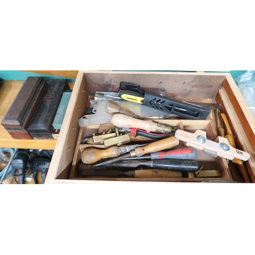 93 - A box containing assorted chisels, hand tools etc and six assorted sharpening stones