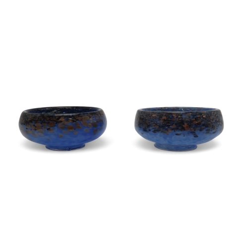 202 - Two Monart dishes both in mottled blue with black and aventurine to the rims, 10cm diameter