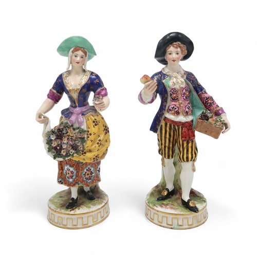 211 - A pair of Derby figures, the man holding a basket of fruit and the lady with flowers in her apron, u... 