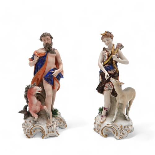 213 - A pair of porcelain allegorical figures modelled as Neptune and Diana, he with a merhorse and she wi... 