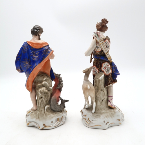 213 - A pair of porcelain allegorical figures modelled as Neptune and Diana, he with a merhorse and she wi... 