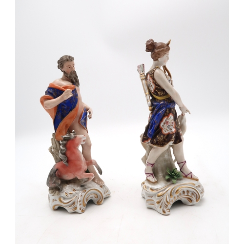 213 - A pair of porcelain allegorical figures modelled as Neptune and Diana, he with a merhorse and she wi... 