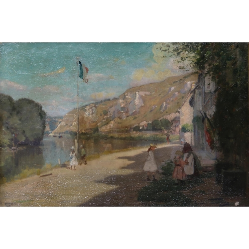 907 - GABRIEL THOMPSON (ENGLISH 1861-1939) A FRENCH RIVERSIDE SCENE Oil on canvas, signed lower ... 