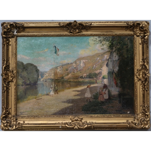 907 - GABRIEL THOMPSON (ENGLISH 1861-1939) A FRENCH RIVERSIDE SCENE Oil on canvas, signed lower ... 