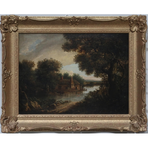 914 - IN THE STYLE OF PATRICK NASMYTH (SCOTTISH 1787-1831) FARM BY THE RIVER  Oil on canvas, 27 x 36cm... 