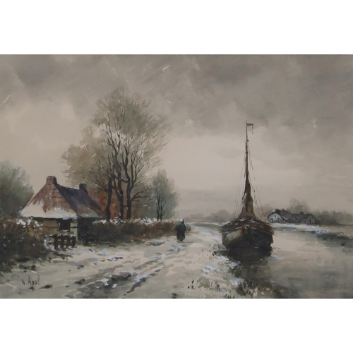 918 - DUTCH SCHOOL SNOWY LANDSCAPE Gouache, signed lower left 'Apol', 22 x 31cm... 