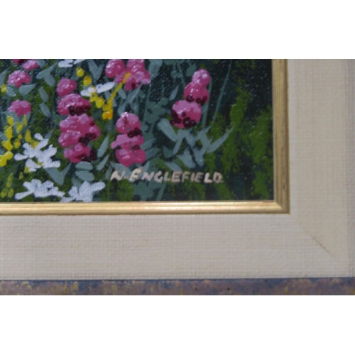 934 - NICHOLAS ENGLEFIELD (20th CENTURY) FLOWERING CRUMBLES Acrylic on canvas, 27 x 55cm  Together with an... 