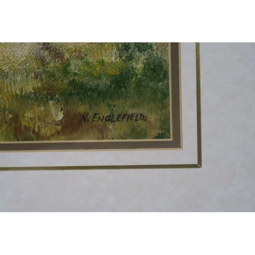 934 - NICHOLAS ENGLEFIELD (20th CENTURY) FLOWERING CRUMBLES Acrylic on canvas, 27 x 55cm  Together with an... 