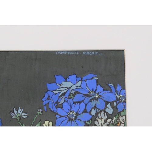 949 - CAMPBELL MACKIE (20th CENTURY)  BLUE AND PINK FLOWERS Mixed media, signed upper right, 35 x 35cm... 