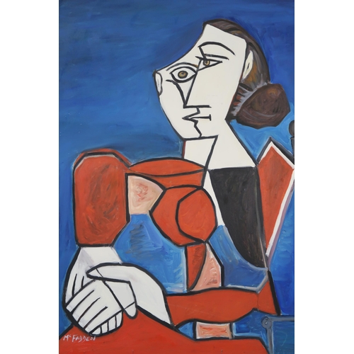 973 - FRANK MCFADDEN AFTER PABLO PICASSO (SCOTTISH b.1972) WOMAN SITTING WITH A RED COSTUME ON A BLUE... 