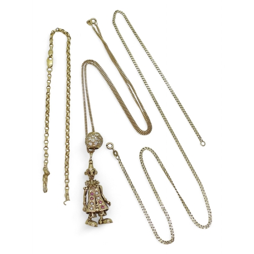 A 9ct gold clown pendant on a  47cm curb chain necklace, a yellow metal cz ball charm and an af curb chain in need of a clasp weight together14.6gms, and a af 18ct  gold chain anklet, weight 3.2gms