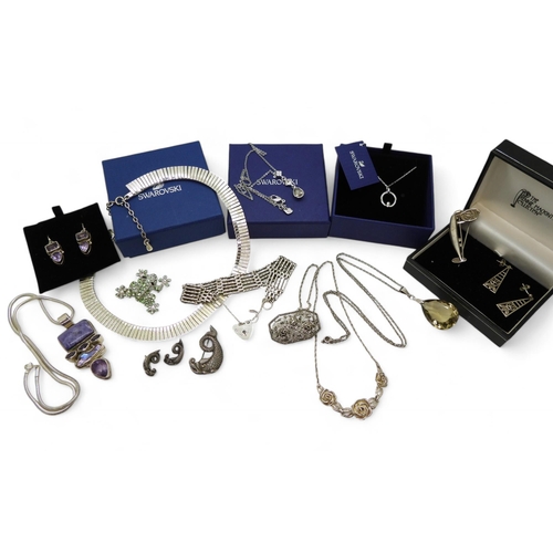 896 - A John Hart Iona dolphin brooch and earrings, and amethyst, charoite and pearl pendant with similar ... 