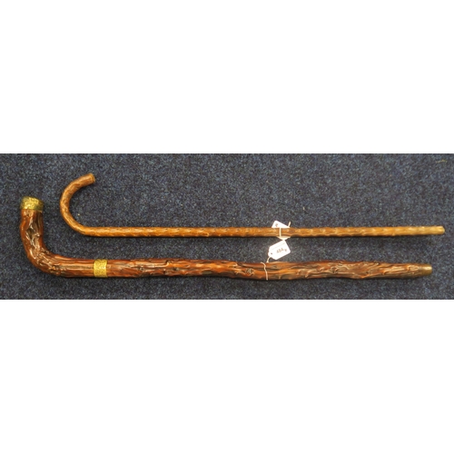 484 - A substantial gnarled wood walking stick with 18ct gold plated mounts, the collar monogrammed 