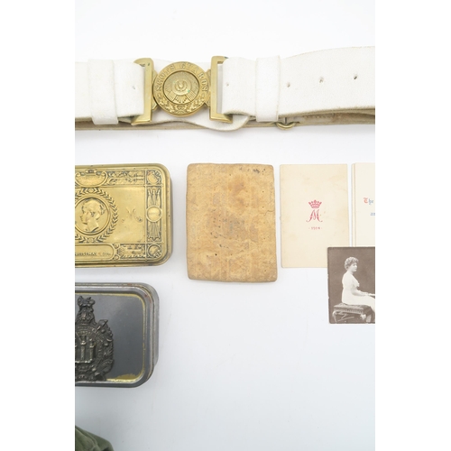 528 - A WW1 Princess Mary Christmas 1914 tin, a period hardtack biscuit; together with a King's Own Scotti... 