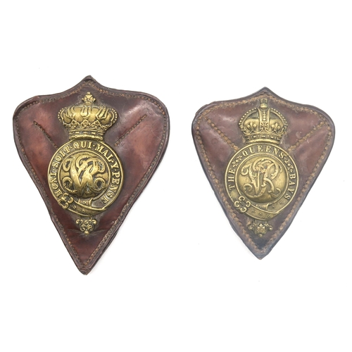 A Victorian 2nd Dragoon Guards (Queen's Bays) cavalry officer's horse harness breastplate, with another similar example and a Cheshire Regiment horse brass (3)