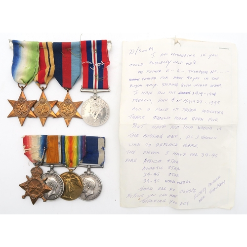 544 - A WW1 medal group of four awarded K.17471 E.R. Thompson Sto. 1. R.N., comprising 1914-15 Star, Briti... 