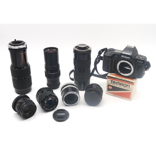 552 - Canon A-1 and F-1 cameras, each fitted with an FD 50mm 1:1.8 lens; Fujifilm Finepix S1 Pro and Nikon... 