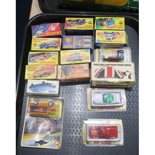 579 - Assorted model vehicles, including packaged examples by Corgi, Matchbox and Majorette, with a furthe... 