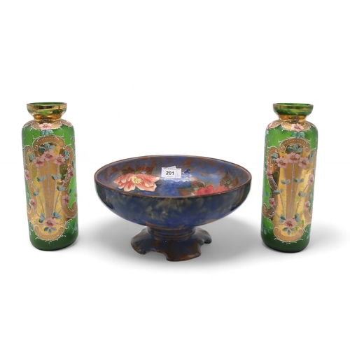 201 - A pair of Venetian glass vases with enamelled decoration of flowers on a gilt ground, together with ... 