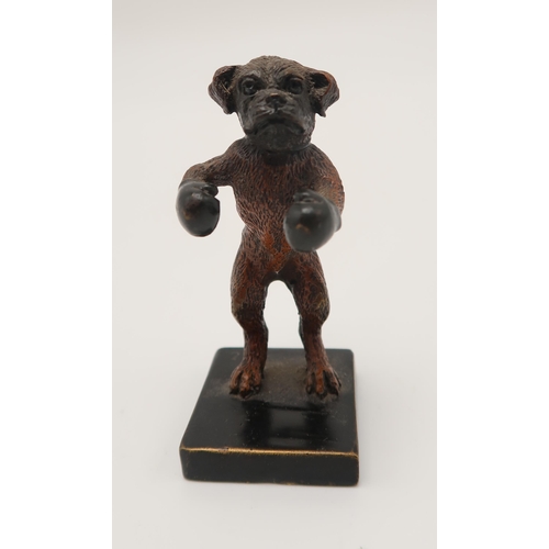 215 - A 20th century after Bergman cold painted bronze figurine of a Boxer dog wearing boxing gloves, stam... 