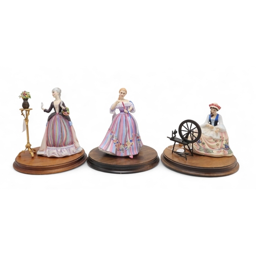 232 - Six Royal Doulton Gentle Arts figures including Flower Arranging, Adornment, Painting, Spinning, Tap... 