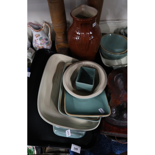 249 - Picquotware tea wares on tray, assorted brass, Denby table wares etc