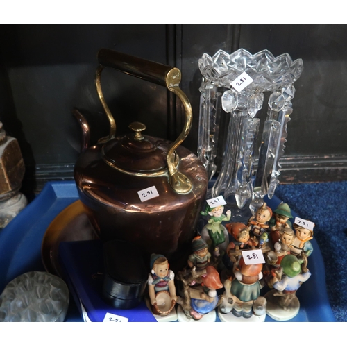 251 - Assorted Hummel figures, a cut glass lustre, a Spode veg tureen and lid, copper kettle etc