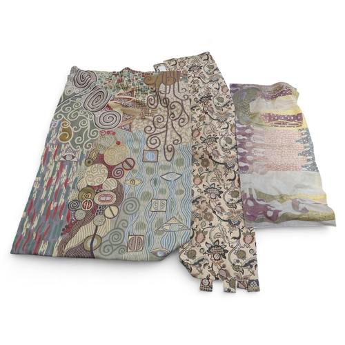 266 - A pair of Past Times manuscript tab top curtains, a single curtain in Jacobean style fabric, a Klimt... 