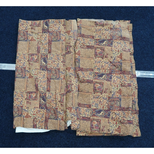 266 - A pair of Past Times manuscript tab top curtains, a single curtain in Jacobean style fabric, a Klimt... 