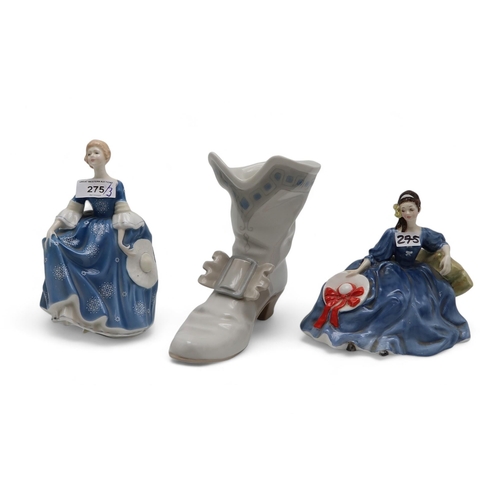 275 - A Nao boot shaped vase and two Royal Doulton ladies