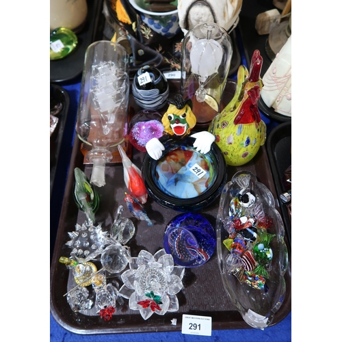 291 - A glass clown dish, a chicken, assorted paperweights, Swarovski candlestick, assorted figures etc