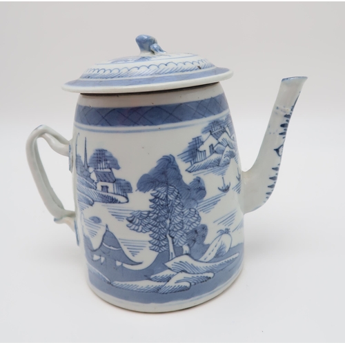 328 - An 18th century style Chinese export blue and white teapot, decorated with landscape scenes, with a ... 