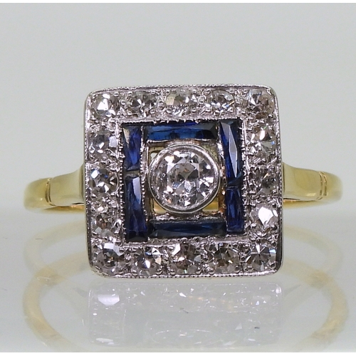 2702 - AN ART DECO RINGthe 18ct gold and platinum mount is set with eight and brilliant cut diamonds , with... 