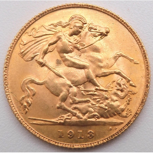 457D - GEORGE V (1910-1936) 1/2 Sovereign 1913Obversebust of King George V facing left legend around GEORGI... 