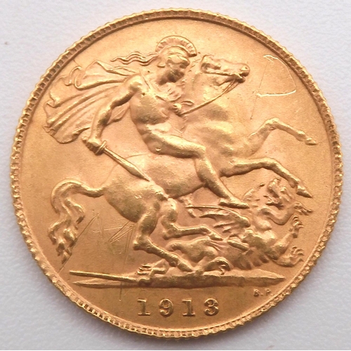 457E - GEORGE V (1910-1936) 1/2 Sovereign 1913Obversebust of King George V facing left legend around GEORGI... 