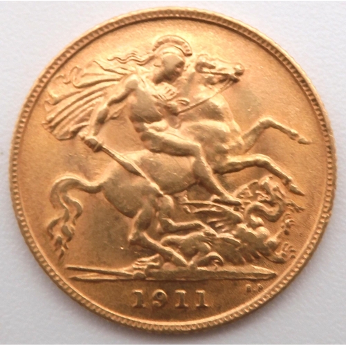 457F - GEORGE V (1910-1936) 1/2 Sovereign 1911Obversebust of King George V facing left legend around GEORGI... 