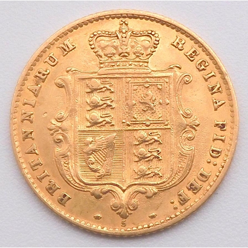 458 - Victoria (1837-1901) 1/2 shield back sovereign 1865Obverse Young head of Queen Victoria facing left,... 