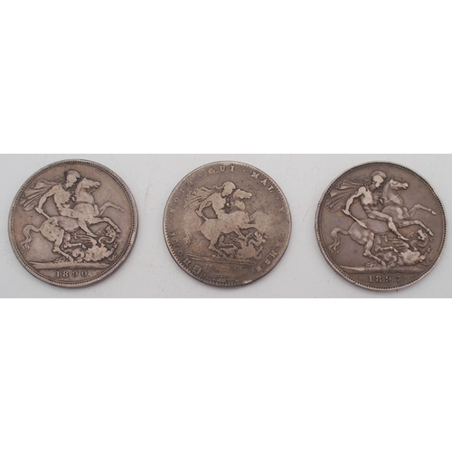 466 - A George III crown coin 1821 countermarked FJN together with two Victoria crowns 1890 and 1897 (3)