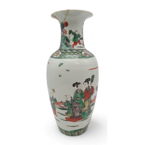 2401 - A CHINESE FAMILLE VERTE BALUSTER VASE Painted with figures in gardens, 44cm high... 