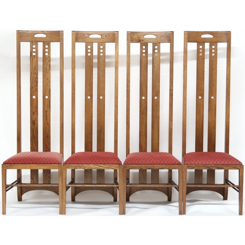 2100 - A 20TH CENTURY OAK AFTER CHARLES RENNIE MACKINTOSH DINING TABLE AND EIGHT CHAIRS dining table with n... 