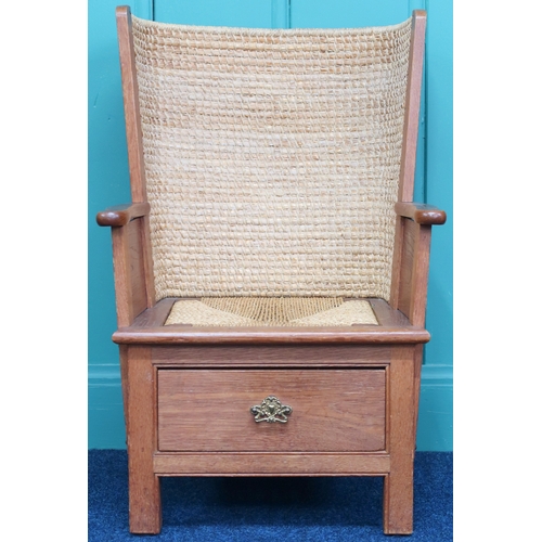 2004 - AN EARLY 20TH CENTURY STAINED PINE FRAMED CHILDREN'S ORKNEY CHAIR  with curved rushed back... 