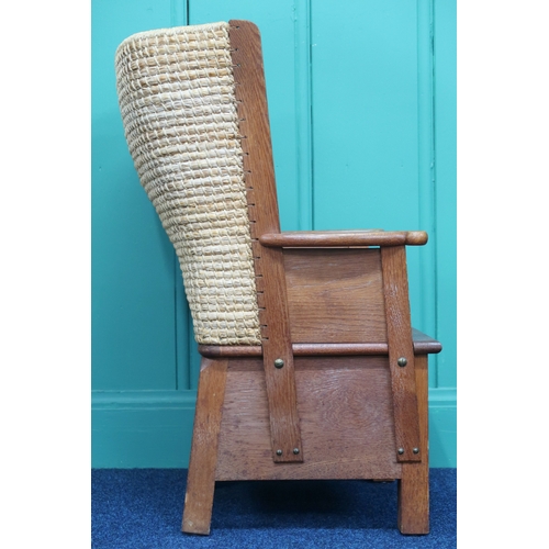 2004 - AN EARLY 20TH CENTURY STAINED PINE FRAMED CHILDREN'S ORKNEY CHAIR  with curved rushed back... 