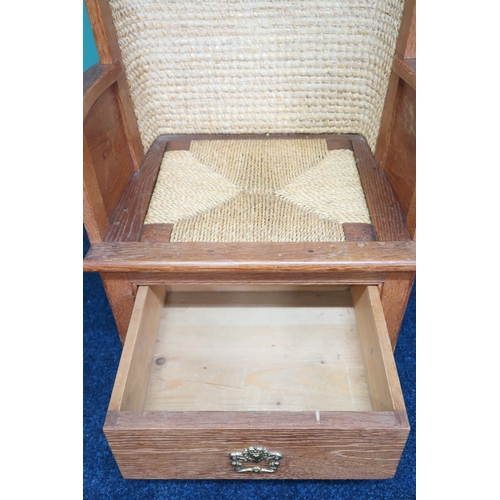 2004 - AN EARLY 20TH CENTURY STAINED PINE FRAMED CHILDREN'S ORKNEY CHAIR  with curved rushed back... 